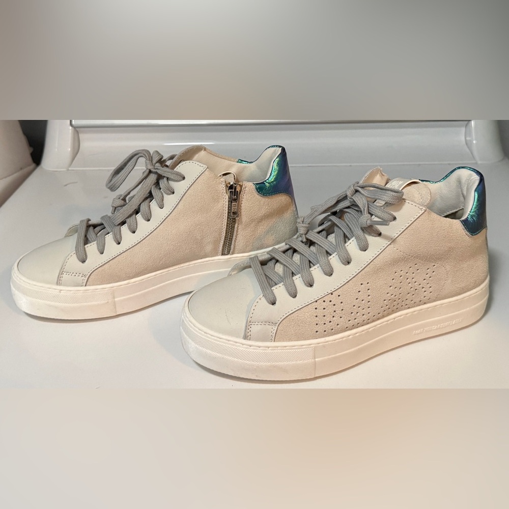 P448 Grey and White High-Top Sneakers with Iridescent Heel